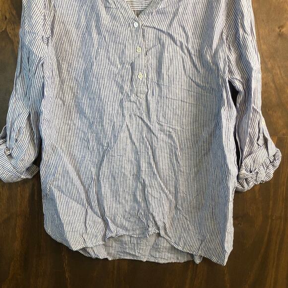 Talbots Womens Blouse White Blue Stripe Popover V Neck Roll Tab 100% Linen L - Picture 3 of 11